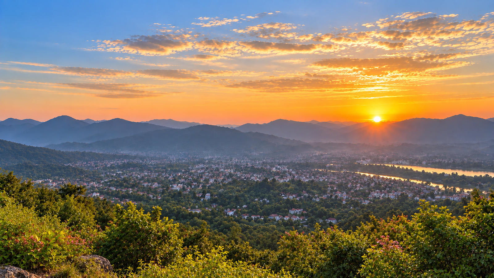 Golden sunset over a green valley